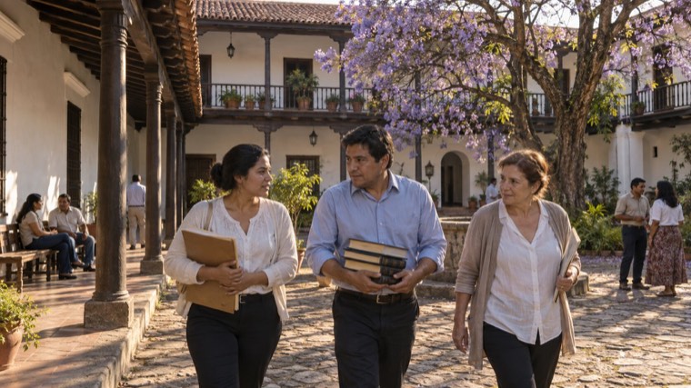 Imagen ilustrativa: patio de un edificio colonial con galerías de columnas y un jacarandá florecido