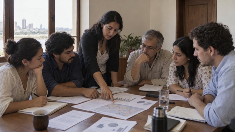 Imagen ilustrativa: un grupo de personas analiza gráficos y mapas sobre una mesa de reunión