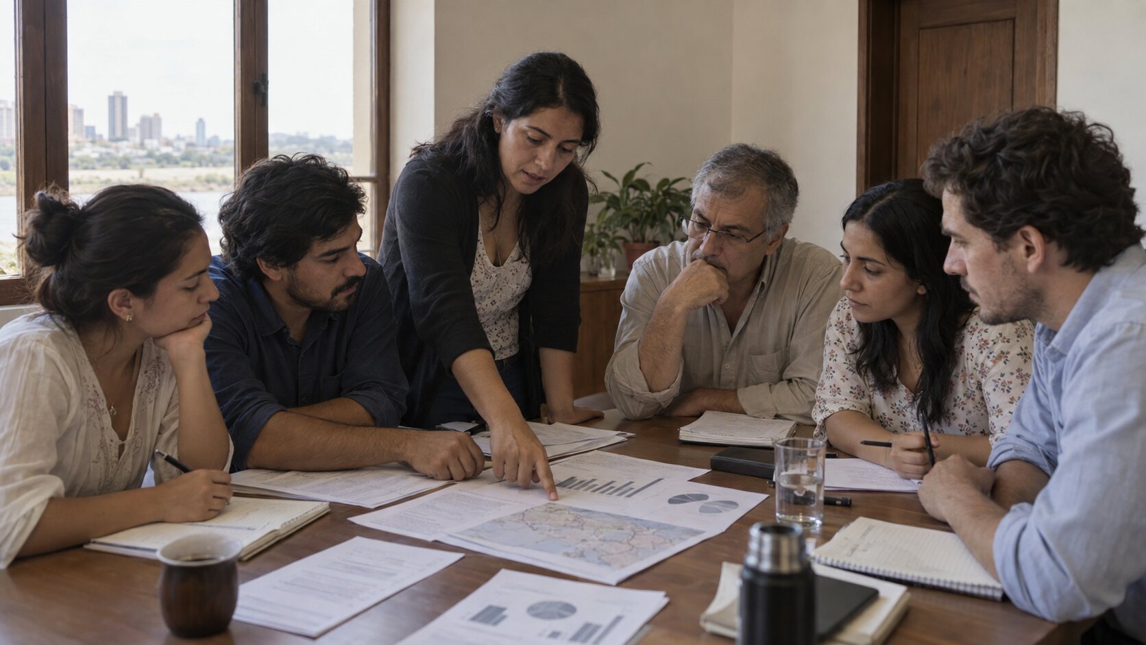 Imagen ilustrativa: un grupo de personas analiza gráficos y mapas sobre una mesa de reunión