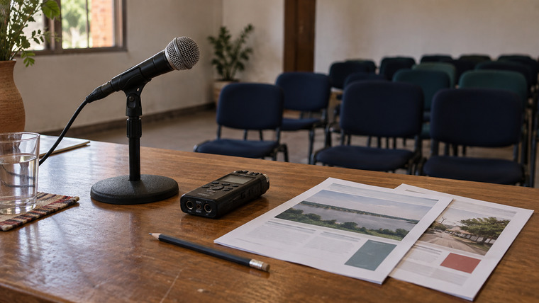 Micrófono, grabadora y documentos preparados para una actividad pública
