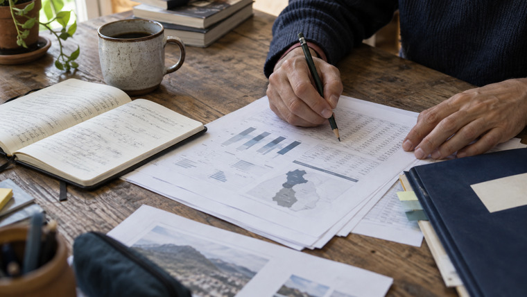 Manos anotando resultados de investigación sobre gráficos y documentos