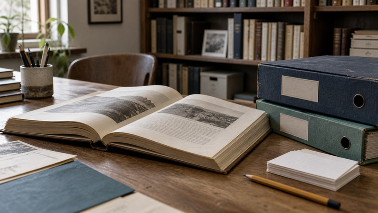 Libro abierto, carpetas de archivo y fichas en un centro de documentación